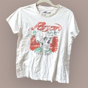 Poison band tee  White Graphic T-Shirt with Red and Green Design and skull